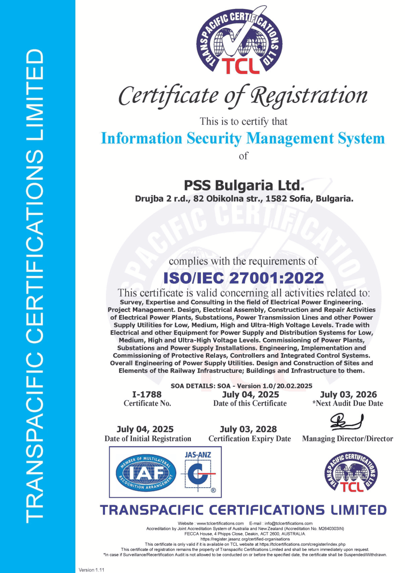 CERT-I-1788, PSS Bulgaria Ltd